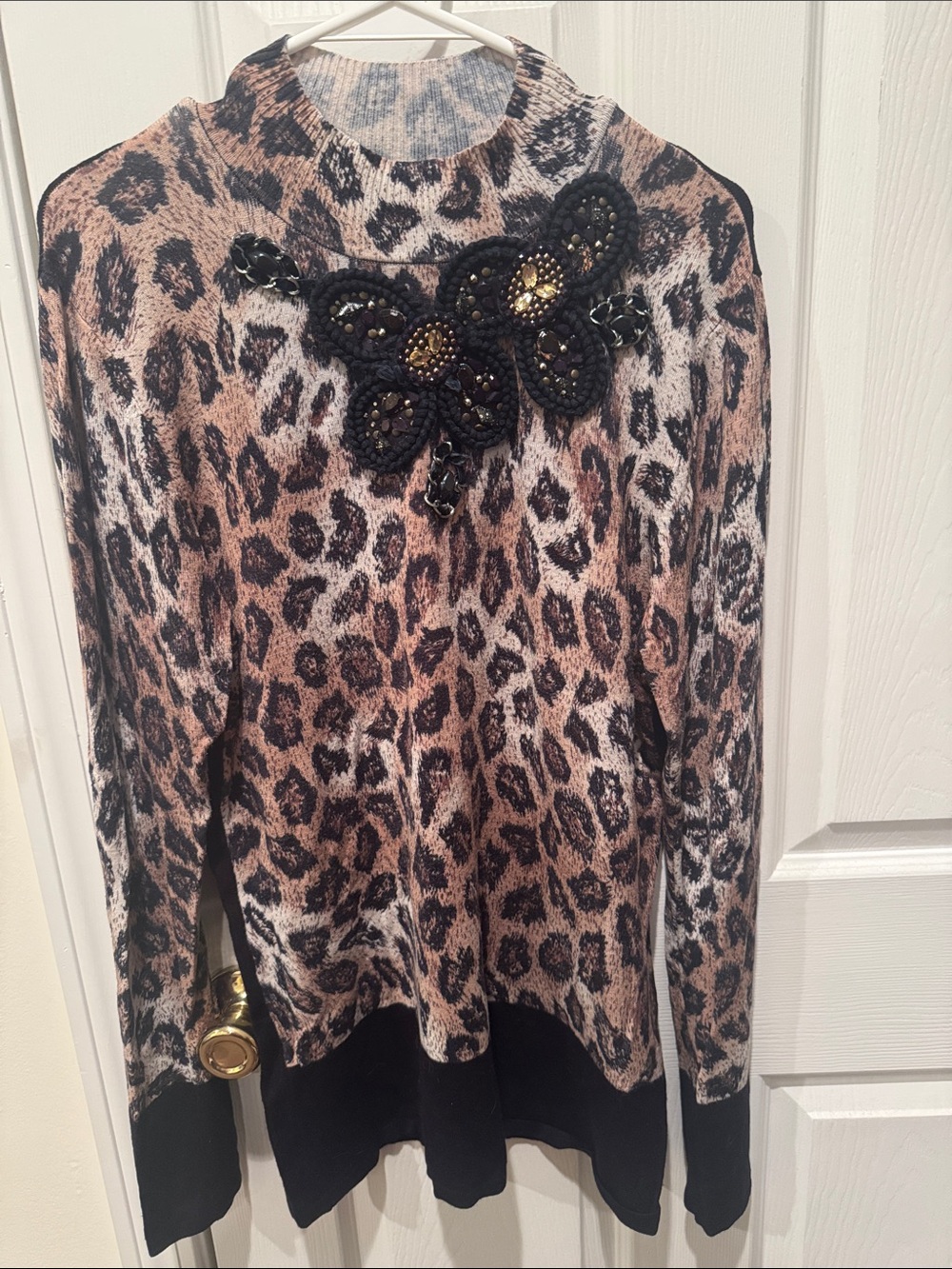 Boston Proper Leopard Print Embellished Sweater - Black & Brown